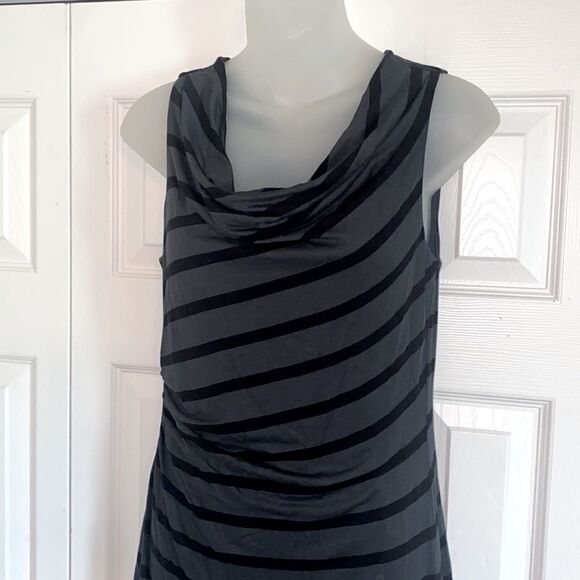 The Loft Striped Sleeveless Ruched Side Black Grey Dress size Small S -EUC - Picture 3 of 6